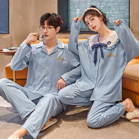 Pijamas de Pareja Manga Larga Dibujos Animados Algodón Conjunto de Ropa de Invierno al por Mayor