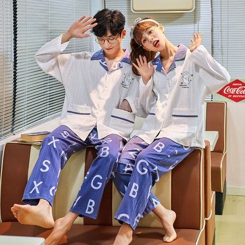 Pijamas de Pareja Manga Larga Dibujos Animados Algodón Conjunto de Ropa de Invierno al por Mayor