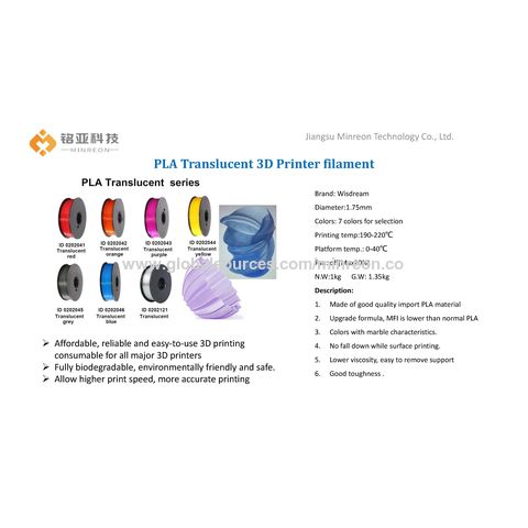 Achetez en gros Wisdream 3d Pla Filament Translucide Transparent Cristal  Transparent 3d Imprimante Filament Haute Qualité 1kg Chine et Pla Filament  Semi-transparent à 9.8 USD