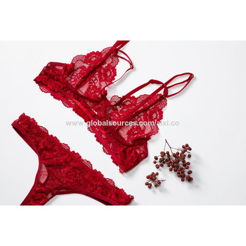 Lingerie Sexy Ensemble De Lingerie Sexy Femmes Minces Soutien - Gorge  Dentelle Fleurs Brodé vers Le Haut Transparent Soutien - Gorge Et Culotte  Deux Pièces-Rouge-S : : Mode