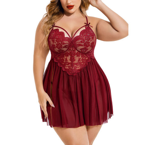 Wholesale Plus Size Lace Babydoll Dress Lingerie Set - Red for