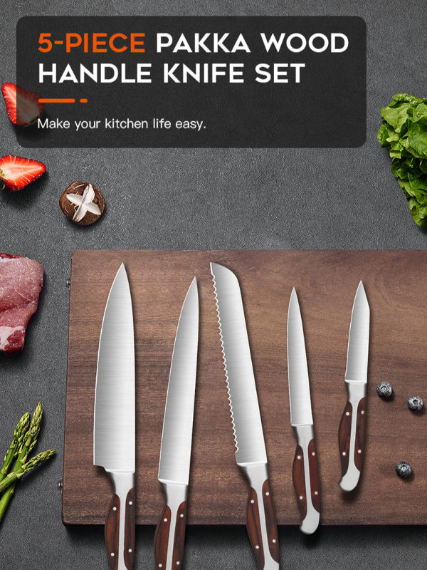 High Quality Affordable 5 Piece Red Pakkawood Chef Knife Set 