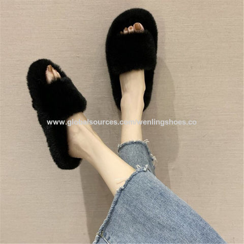 Zapatillas de felpa para mujer, zapatillas de piel de invierno de moda, zapatillas de casa para interiores y exteriores para promoción