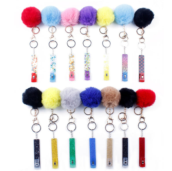 ATM credit card grabber for long nails keychain w/ PomPom (Blue w/ glitter)