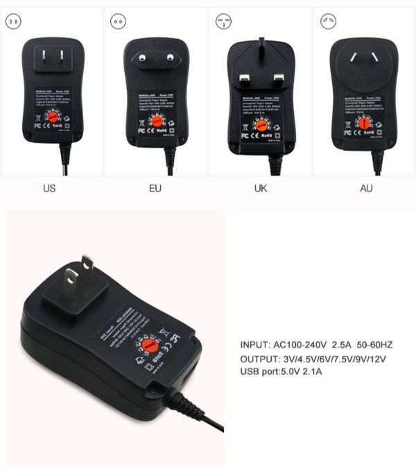 Adaptateur d'alimentation USB universel Ac / dc Eu Plug Chargeur 3v 4.5v 5v  6v 7.5v 9v 12v