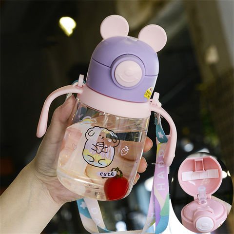 Cartoon Pattern Plastic Water Bottle With Handle And Straw, Cute Teddy Bear  Shaped Drinking Bottle