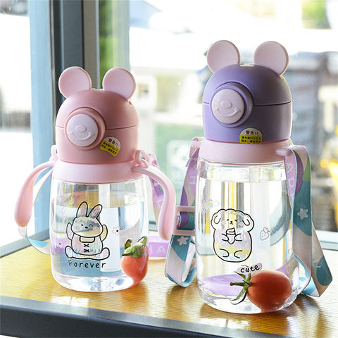 Cartoon Pattern Plastic Water Bottle With Handle And Straw, Cute Teddy Bear  Shaped Drinking Bottle