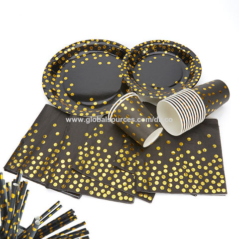 Vajilla desechable con plato de papel de oro negro caja de regalo boda fiesta de cumpleaños vajilla