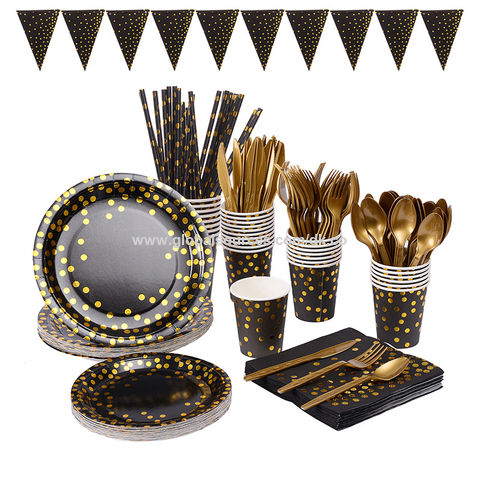 Vajilla desechable con plato de papel de oro negro caja de regalo boda fiesta de cumpleaños vajilla