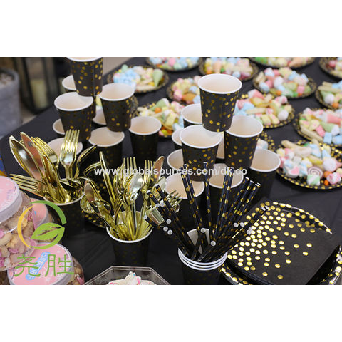 Vajilla desechable con plato de papel de oro negro caja de regalo boda fiesta de cumpleaños vajilla