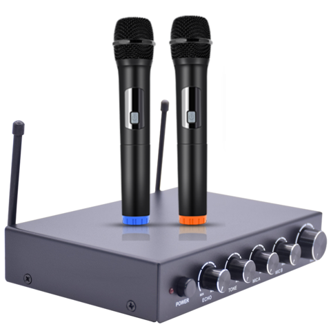 Sistema inalámbrico de karaoke y mezclador de PA - Incluye 2 micrófonos  inalámbricos y 1 mini mezclador - Bluetooth, entrada auxiliar, entrada  óptica