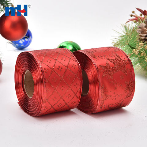 Customized Red Glitter Flannel Wired Edge Christmas Ribbon for