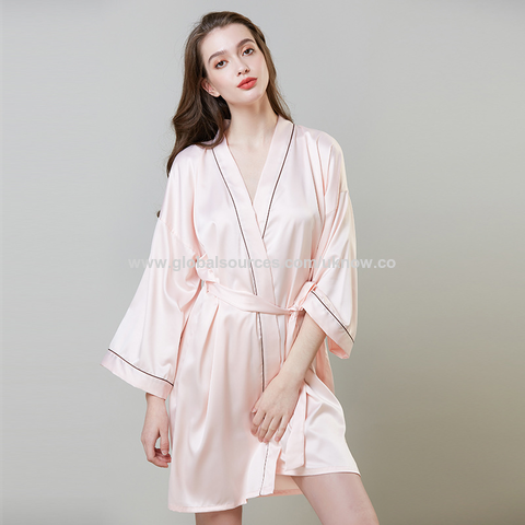 Batas de dormir para mujer, camisón de seda de imitación, bata de manga larga de verano para mujer, albornoz de seda helada para estar en casa