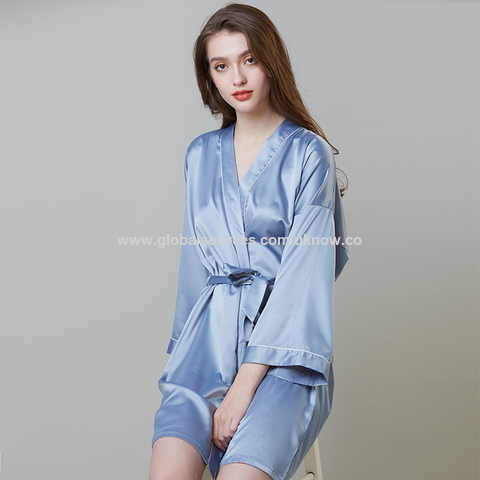 Batas de dormir para mujer, camisón de seda de imitación, bata de manga larga de verano para mujer, albornoz de seda helada para estar en casa