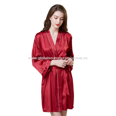 Batas de dormir para mujer, camisón de seda de imitación, bata de manga larga de verano para mujer, albornoz de seda helada para estar en casa