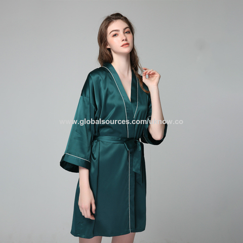 Batas de dormir para mujer, camisón de seda de imitación, bata de manga larga de verano para mujer, albornoz de seda helada para estar en casa