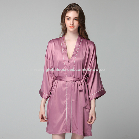 Batas de dormir para mujer, camisón de seda de imitación, bata de manga larga de verano para mujer, albornoz de seda helada para estar en casa