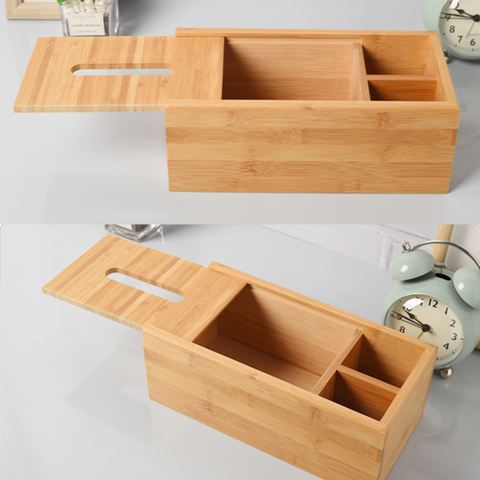 Organisateur de bureau 2 Boites et 1 Plateau en Bois et Bambou -  Accessoires de rangement - Décomania