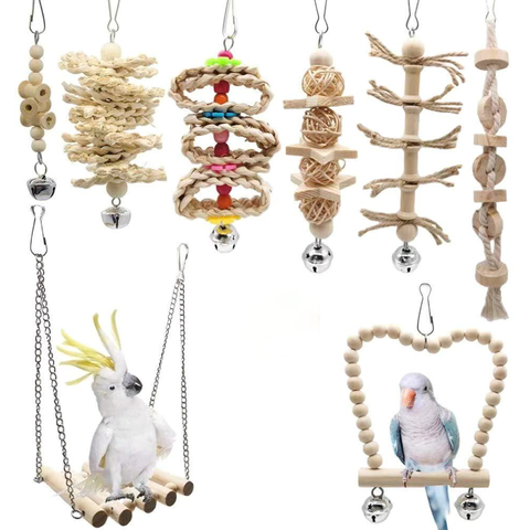 Juguete para Masticar Loros, Juego de 8 Piezas para Pájaros Pequeños y Medianos, Columpio de Tronco, Anillo, Cuerda con Campana, Juguetes para Aves