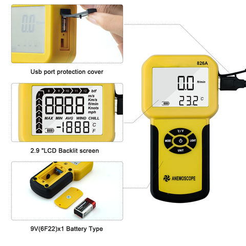 Anémomètre HoldPeak 826A, Compteur Numérique de Vitesse