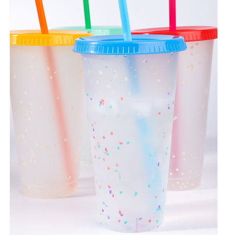 SET OF 8 PLASTIC TAL COLOR CHANGING CUPS / TMBLERS WITH LIDS & STRAWS / 24  OZ