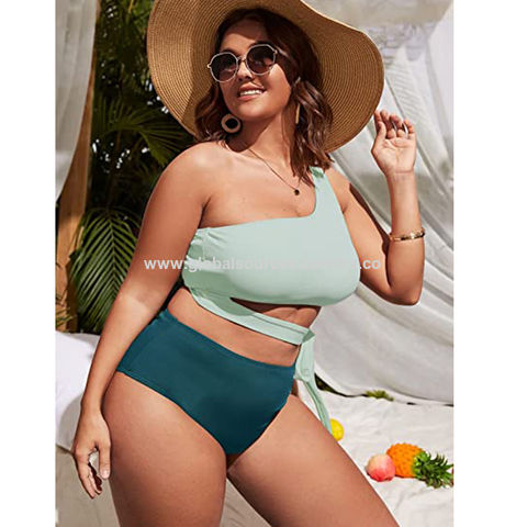 LRX Factory: Trajes de Baño de Dos Piezas, Tallas Grandes, Diseño Color Block, Un Hombro, Lazo Lateral y Bikini de Cintura Alta Personalizados para Mujer
