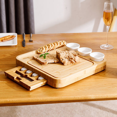 Bamboo Cutting Board with Cheese Knife Set - Laser-Engraved Personalization  Available