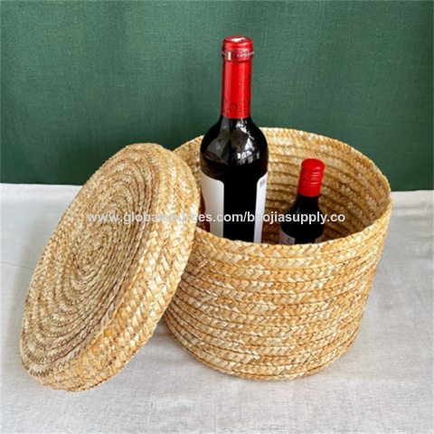 Cesta redonda de pasto de trigo para el hogar con tapa, caja de almacenamiento trenzada, caja de almacenamiento de diversos artículos con caja de embalaje de regalo