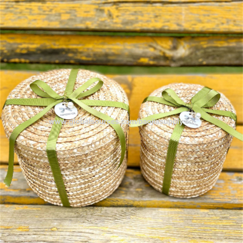 Cesta redonda de pasto de trigo para el hogar con tapa, caja de almacenamiento trenzada, caja de almacenamiento de diversos artículos con caja de embalaje de regalo