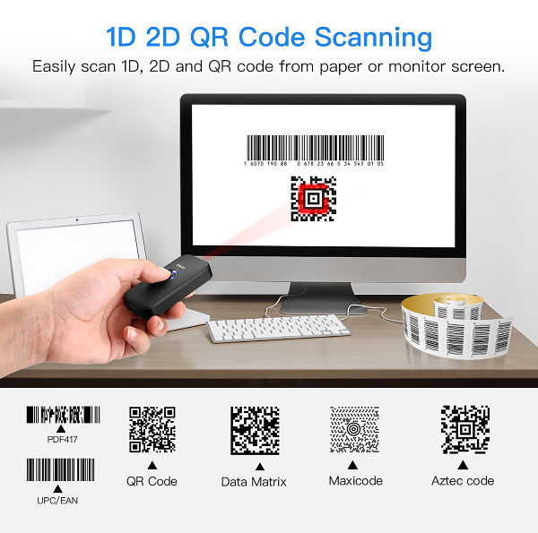 Mini Scanner à Barres PDF 417, 1D et 2D Connexion Sans Fil et Filaire