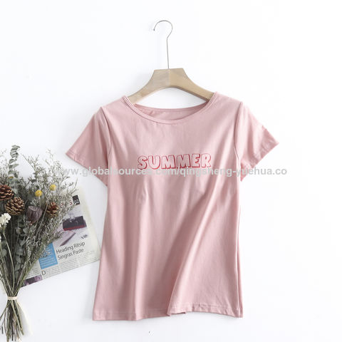 Camiseta de algodón de manga corta con sujetador interior, camiseta casual para niñas de 18 a 24 años