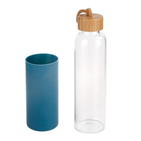 500ml Borosilicate sports glass water bottle with bamboo wood lid and  sleeve factory and manufacturers