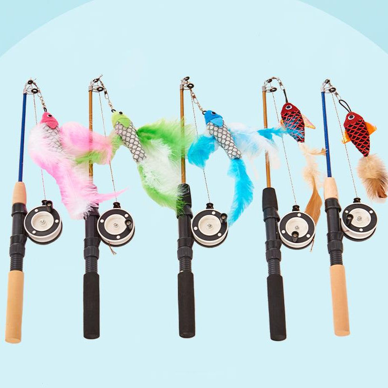 Cat Toy Fishing Rod with Yellow Blue Fish Teaser Tease Fun Kitty Cat Play  New