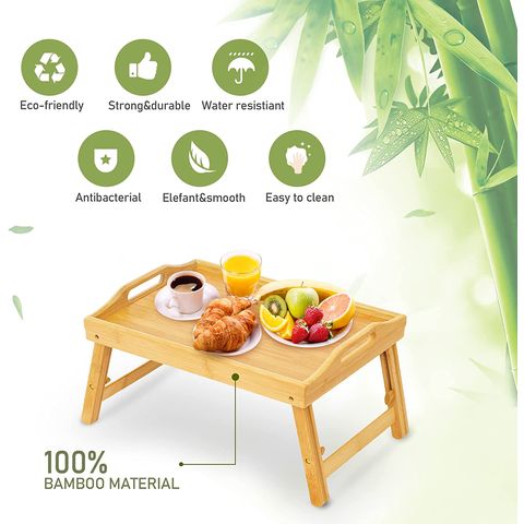Bed Breakfast Tray Table Serving Lap Food TV Dinner for Eating with Folding  Legs & Handles Bamboo