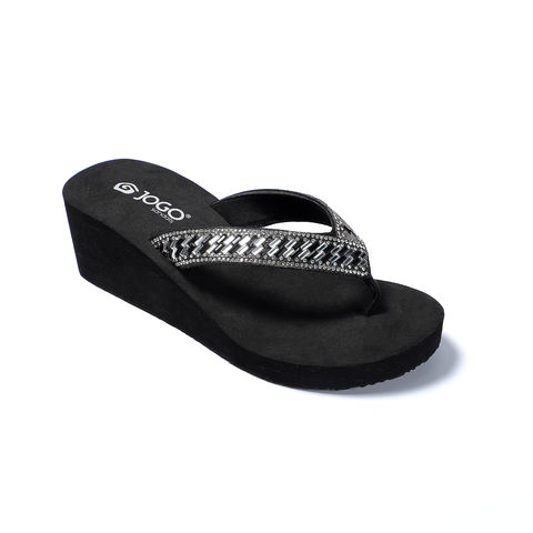 Fashion Sandals Women Fashion Rhinestone Wedge Flip-Flops - Black