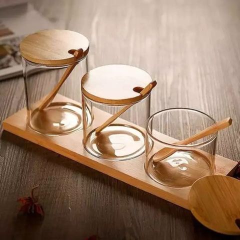 Condiment Container Seasoning Box Set Glass Condiment Canisters Pots with  Wooden Spoon Lid and Base 