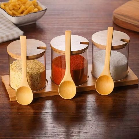 Condiment Container Seasoning Box Set Glass Condiment Canisters Pots with  Wooden Spoon Lid and Base 