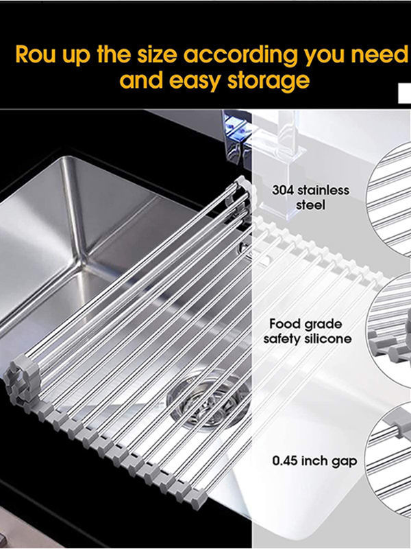 Rollwish Silicone-Coated Stainless Steel Roll Up Dish Drying Rack - Over Sink