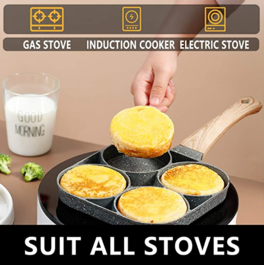 2 in 1 Nonstick Egg Steak Frying Pan ,3 Section Aluminium Alloy Fried Egg  Cooker With Wood Handle Suitable for Cooking Ham Omelet Egg Muffins Bacon