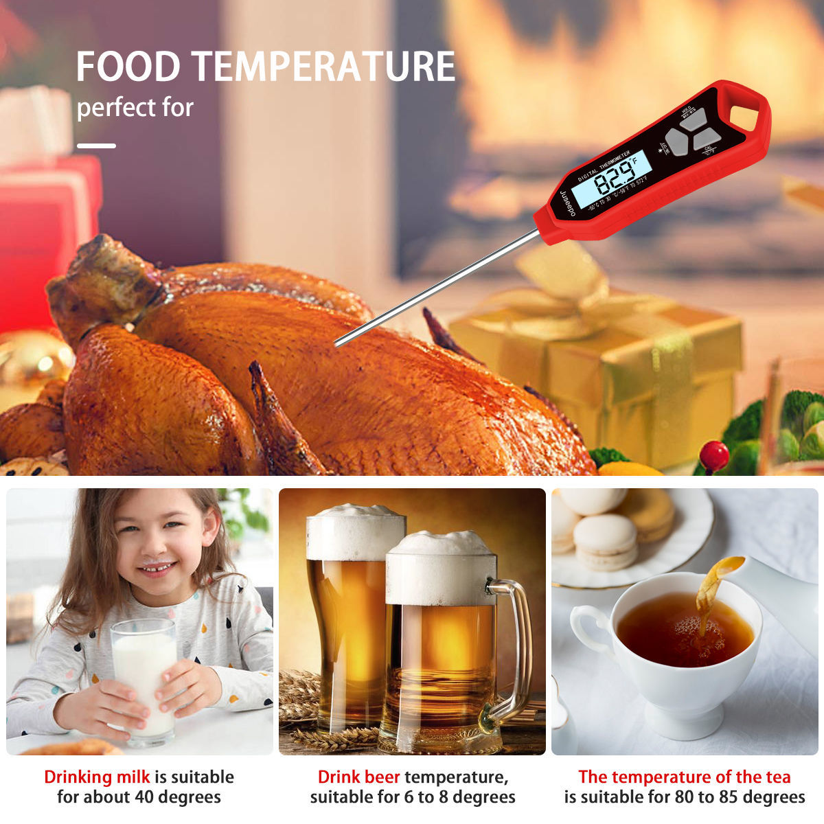 Juseepo Digital Meat Thermometer, Wireless BBQ Thermometer with 4