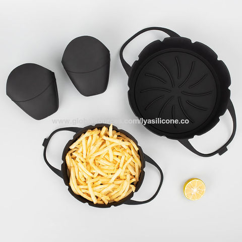 4-Piece Set Silicone Pot Basket with Handles, Brush, Tongs for Air Fryer Liner (6.3 in, Gray)