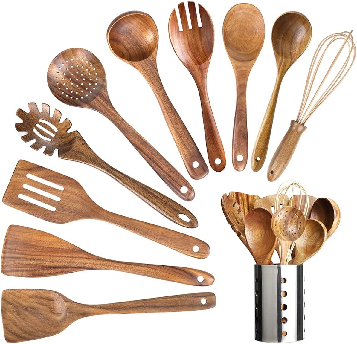 Wooden Spoons for Cooking,10 Pcs Natural Teak Wooden Kitchen Utensils Set  Wooden Utensils for Cooking Wooden Cooking Utensils Wooden Spatulas for