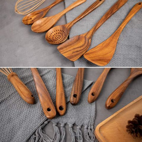 Juego de utensilios de cocina con soporte, utensilios de cocina de madera  para cocinar, utensilios de madera, cucharas de madera natural para  cocinar, juego de utensilios de cocina de madera con espátula