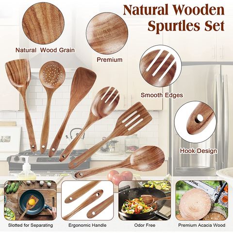 Wooden Utensils for Cooking,12 Pcs Wooden Spoons for Cooking,Teak Wooden  Utensils Set, Wood Kitchen Utensils for Nonstick Pan, Wood Spatula Spoon  Nonstick Kitchen Utensil Set with Holder (12) 