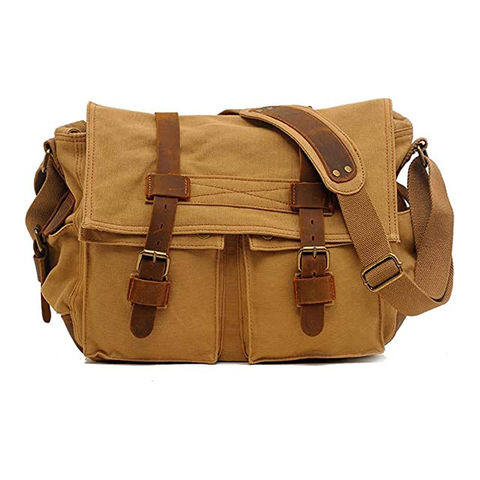 Sechunk vintage military leather canvas clearance laptop bag messenger bags medium