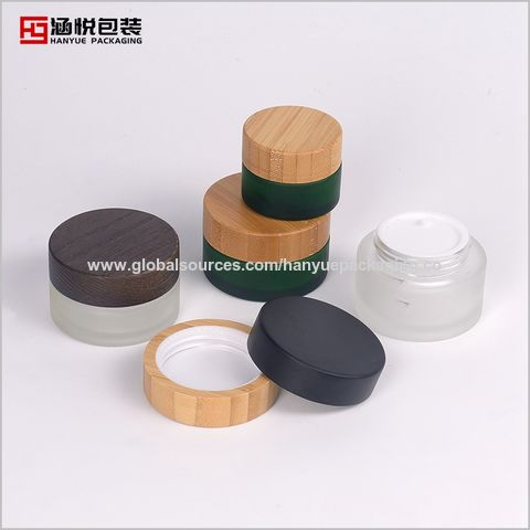 5g 15g 30g 50g 100g Empty Bamboo Wooden Printing Empty Cream Jar Container,  Frosted Glass Beauty Cosmetic Packaging, PLASTIC Cap, Wholesale