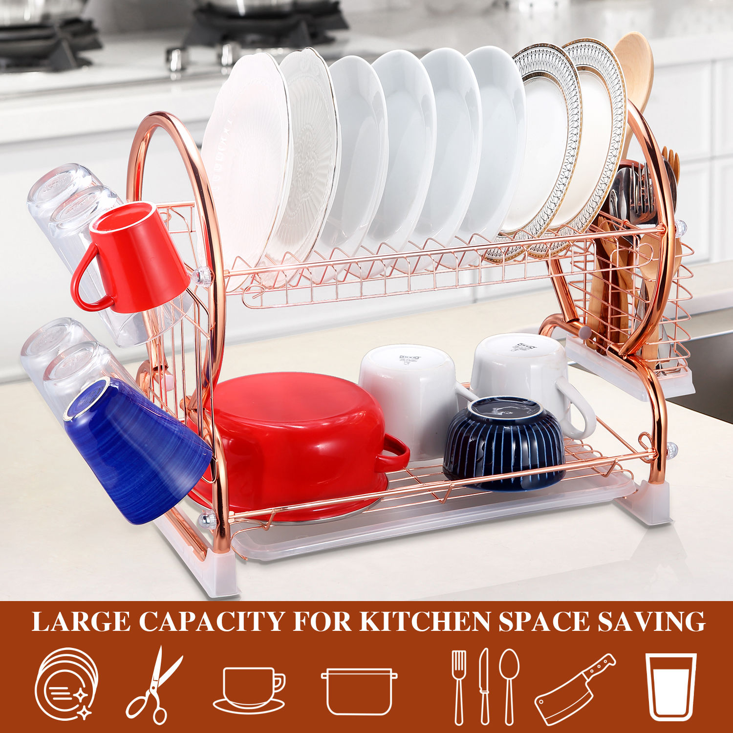 Dish Drying Rack for Kitchen Bowl Cup Drainboard Double layer Tray Rose  Gold