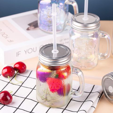 4 Pack x 16 oz Mason Jar Mugs with Handles, Lids, Reusable Straws with  Fruit Patterned Stainless Steel Lids and Straws