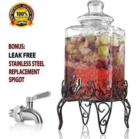 2.5 Gallon Glass Beverage Dispenser with Stainless Steel Spigot on Metal Stand