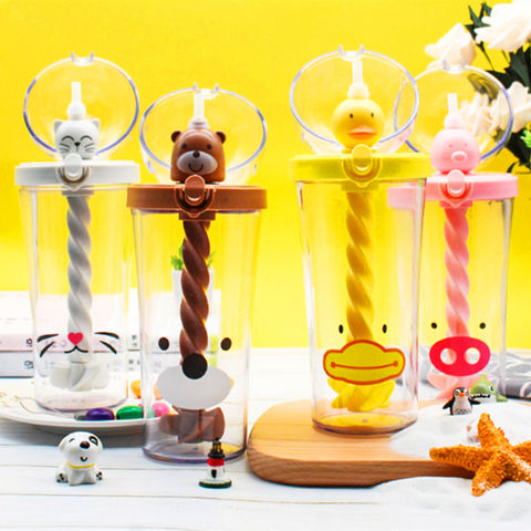 Creative Straw Plastic Water Bottle Portable Cute Animal Drinking Cup Large  Capacity Children's Mixing Cup